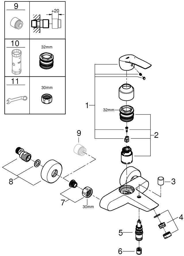 Смеситель для ванны GROHE Eurosmart, хром (33300003)