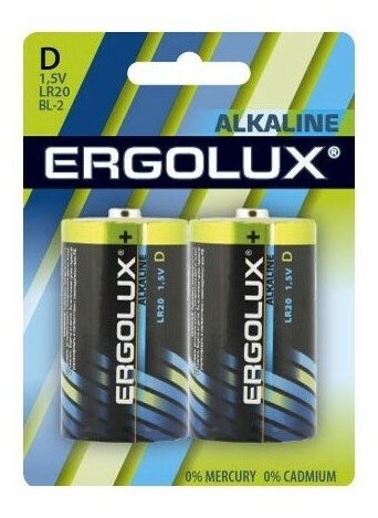 Ergolux..LR20 Alkaline BL-2 (LR20 Bl-2, батарейка,1.5В) (2 шт. в уп-ке)