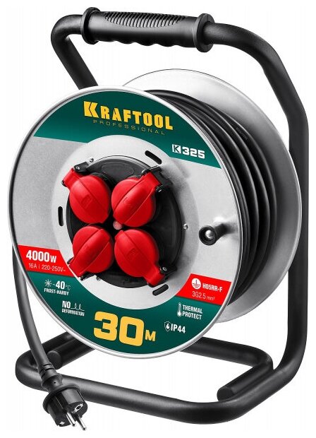 Удлинитель на катушке KRAFTOOL K-325 30 м 4000Вт 4 гнезда IP44 КГ 3х2.5 мм 55086-30