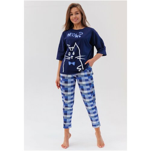 фото Пижама modellini, футболка, брюки, укороченный рукав, пояс на резинке, размер 48, синий