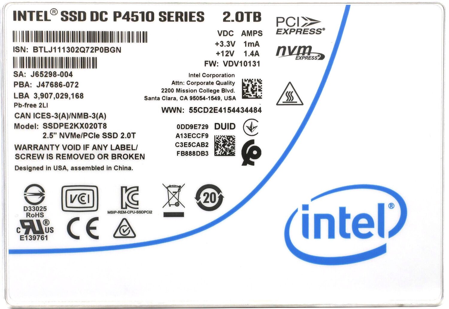 SSD накопитель INTEL DC P4510 SSDPE2KX020T801 2Тб, 2.5", PCI-E x4, NVMe, U.2 SFF-8639 [ssdpe2kx020t801 959393] - фото №3