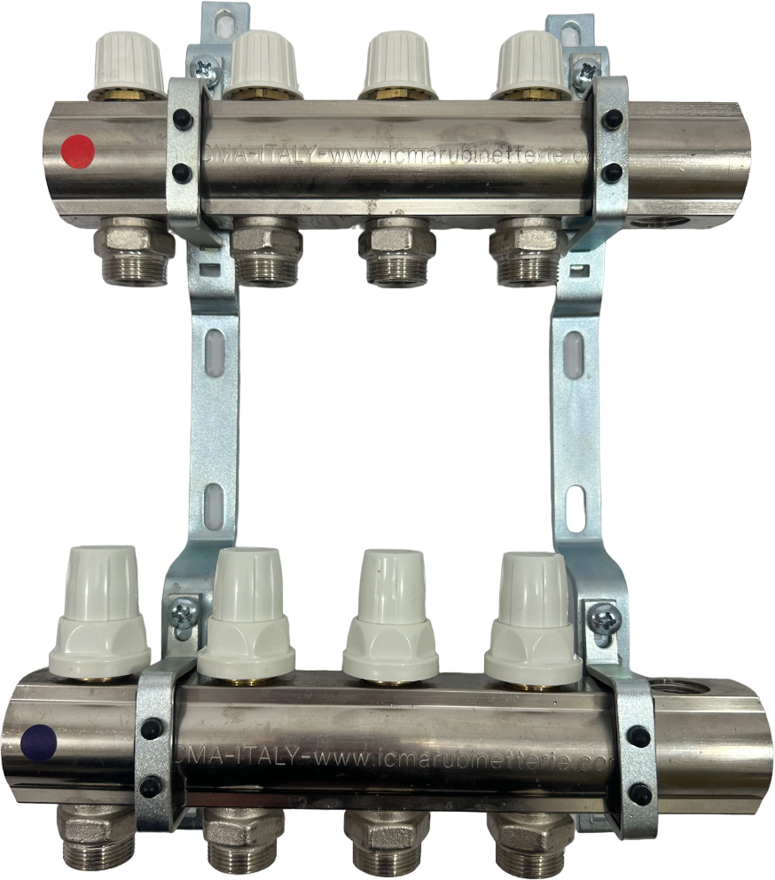 Коллектор отопления с запорными кранами, латунь, ICMA, арт. K010, ВР 1" х 4 выхода х (24х1,5) НР 254 мм