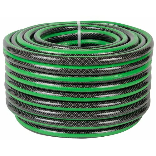 Износостойкий и эластичный шланг D19 мм, 50 м, ПВХ, в черно-зелёном цвете, для полива и мытья автомобиля, использования на даче, огороде.