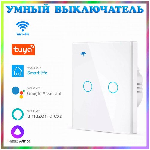 Умный сенсорный WIFI выключатель (2 канала) Яндекс Алиса, Smart Life, Tuya Smart, Amazon Alexa, Google Assistant. Подключение без нуля/с нулем.