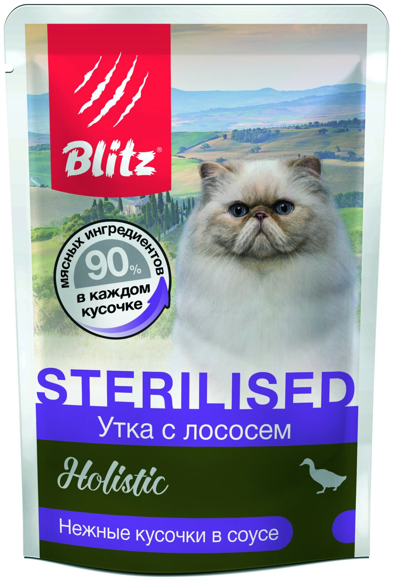 Влажный корм для кошек Blitz Holistic Sterilised утка с лососем кусочки в соусе (85 г х 24 шт)