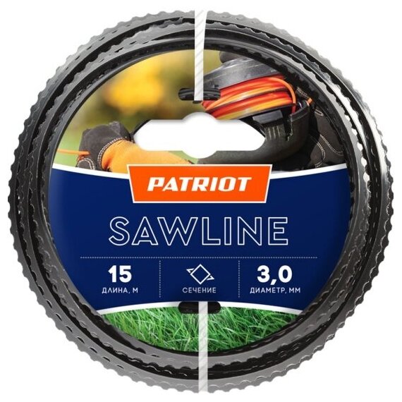 Леска для триммера Patriot Sawline D 3,0 мм L 15 м (квадрат, пилообразный профиль) 300-15-5S на пластиковой обойме, блистер