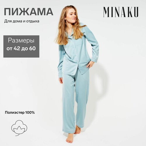 Пижама Minaku, брюки, сорочка, длинный рукав, размер 48, голубой