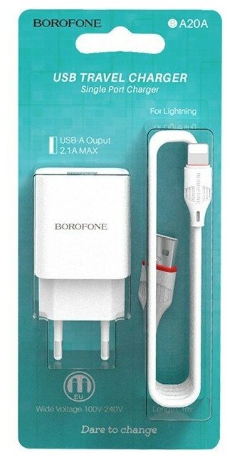Зарядное устройство Borofone BA20A Sharp 1xUSB 2.1A + кабель Lightning White
