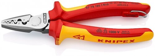 Пресс-клещи Knipex VDE, 9 гнёзд, контактные гильзы DIN 46228 1+4, , 0.25-16 мм, 180 мм, 2-комп диэлектрические ручки, SB