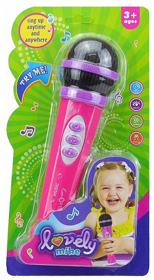 Микрофон детский 3 мелодии, музыкальная игрушка на батарейках в подарок, цвет розовый, караоке для детей