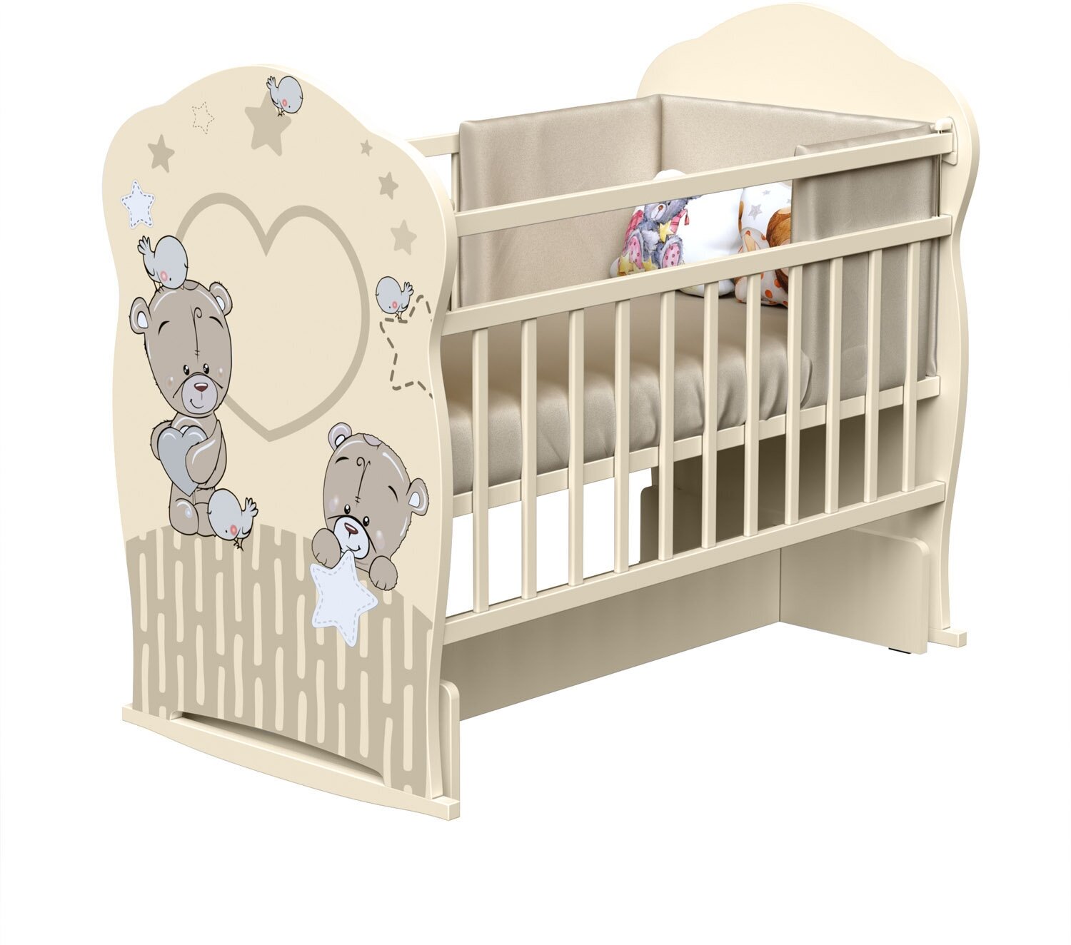 Кроватка детская для новорожденных ВДК Forever Friends, колесо-качалка с маятником, массив березы, слоновая кость