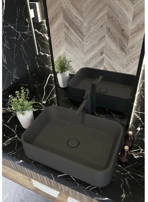 Раковина для ванной комнаты накладная Treia Floreshta 56*38 см, прямоугольная, темно-серая (бетон) - фотография № 2