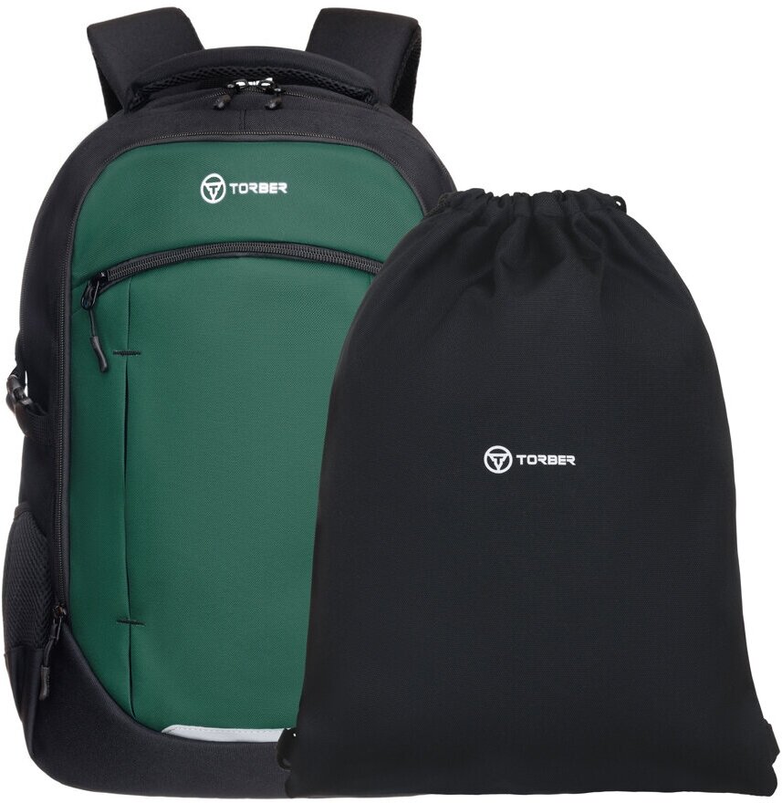 Школьный рюкзак TORBER CLASS X T9355-23-Bl, чёрно-зелёный, 46x32х18 см, 21 л + Мешок для сменной обуви в подарок!