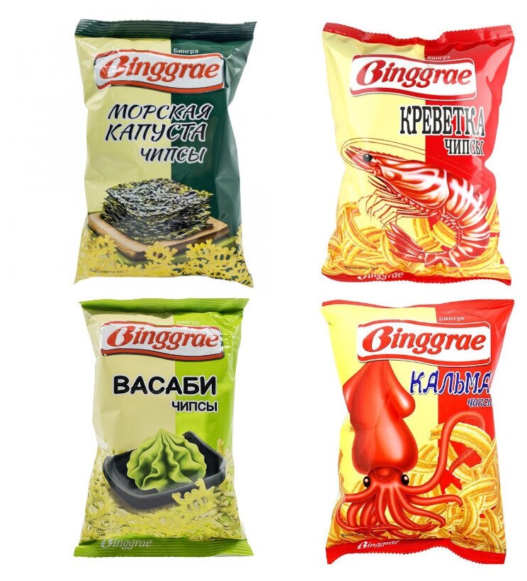Натуральные чипсы Binggrae - Васаби, Морская капуста, Креветка, Кальмар, 4 упаковки по 50 грамм