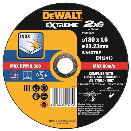 Круг отрезной EXTREME (для нержавеющей стали, 180x22.2x1.6 мм, тип 4) DEWALT DT43938 15857022 круг отрезной по металлу 125x22 2x3 мм dewalt dt43911 15856974