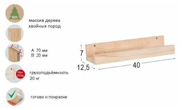 фото Узкая Полка Монте-М, с бортиком (40 х 7), без покраски