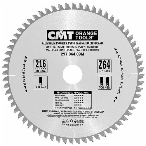 Пильный диск CMT 216X30X2.8/2.2 -6° TCG Z=64, 297.064.09M