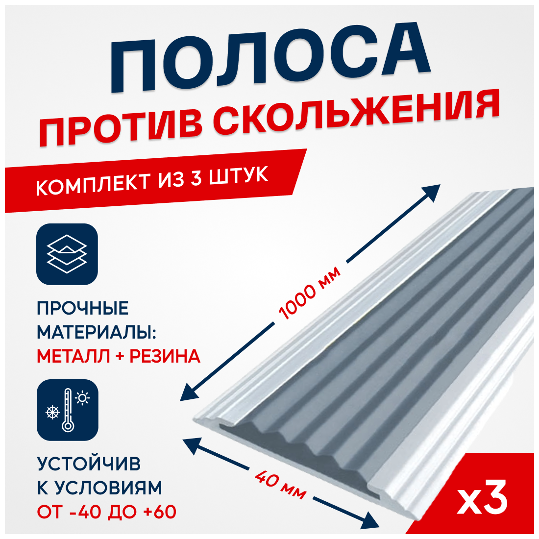 Противоскользящий алюминиевый профиль, полоса Стандарт 40мм, 1м, серый, упаковка 3шт.