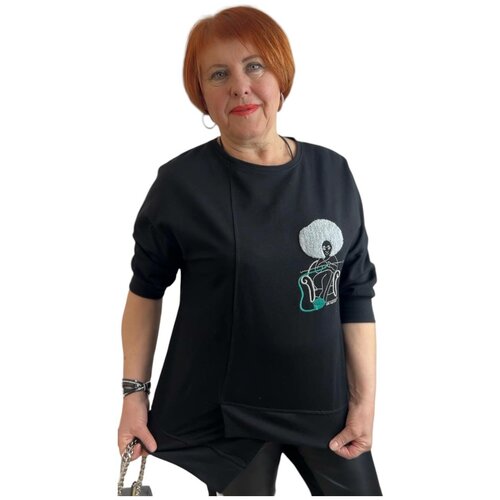 Блуза , повседневный стиль, оверсайз, укороченный рукав, трикотажная, без карманов, размер 54, черный