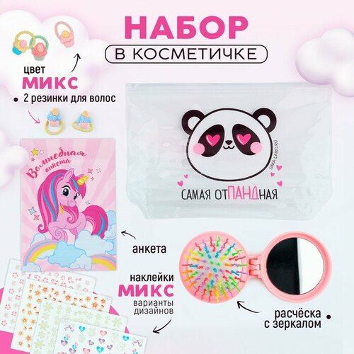 Набор Самая отпандная косметичка расчёска наклейки для ногтей 2 резинки анкета для девочек А6 микс 609₽
