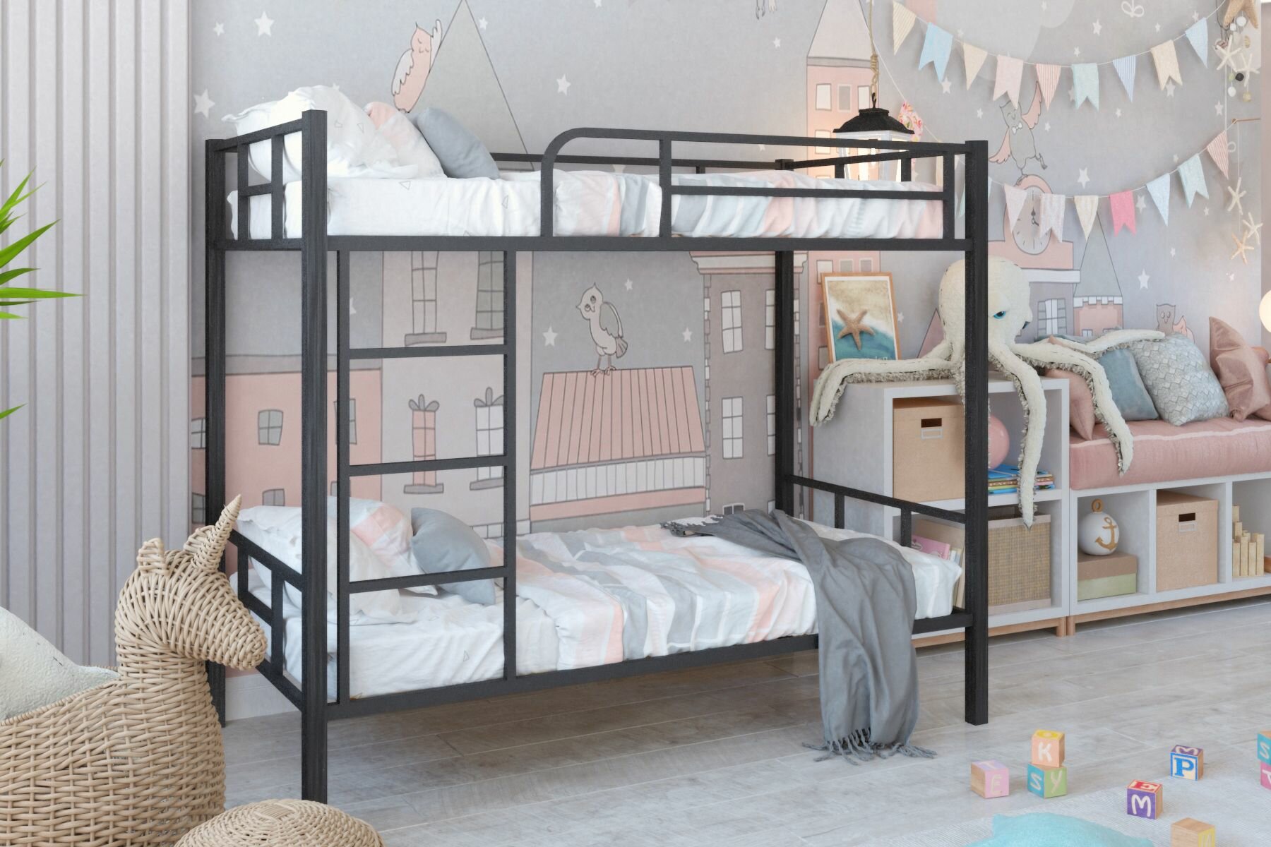Кровать детская, подростковая "Двухъярусная кровать" спальное место 180х90, в черном цвете