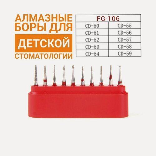 Изображение товара FG-106 NeoHealth Детский комплект, Набор алмазных боров 10шт для препарирования , Диаметр хвостовика - 1,6 мм, центрованы, подходят для турбинного стоматологического наконечника