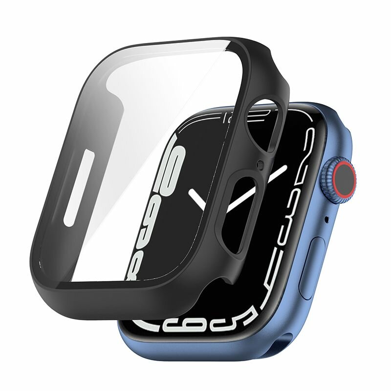 Защитный жесткий чехол с закаленным стеклом для Apple Watch Series 9 / 8 / 7 41мм - черный — фото 1