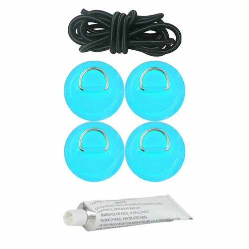 4 шт + багажная веревка + клей Патч Рым для SUP доски с металлическим кольцом бирюзовый