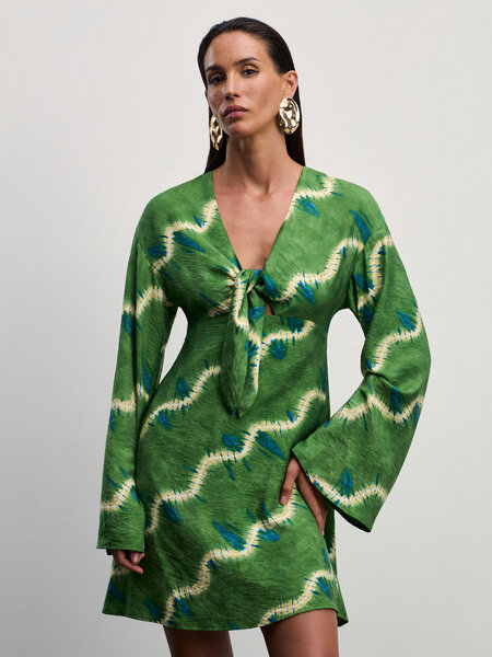 Zarina Мини платье с длинным рукавом, цвет Зеленый графика крупная, размер S (RU 44), 4226050560-216