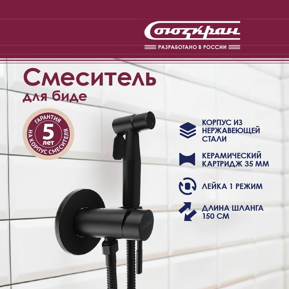 фото Смеситель для биде с гигиеническим душем настенный, 35 мм, черный, нержавеющая сталь