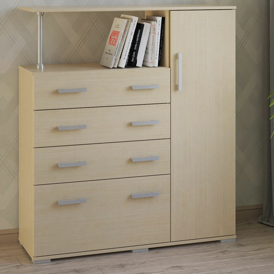 фото Широкий комод с 4 ящиками дверцей и полочкой вверху МагМебель №9 ясень шимо тёмный + светлый