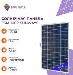 Солнечная панель Sunways FSM 100P, солнечная батарея 100Вт для дома, для дачи, 12В, 1шт.
