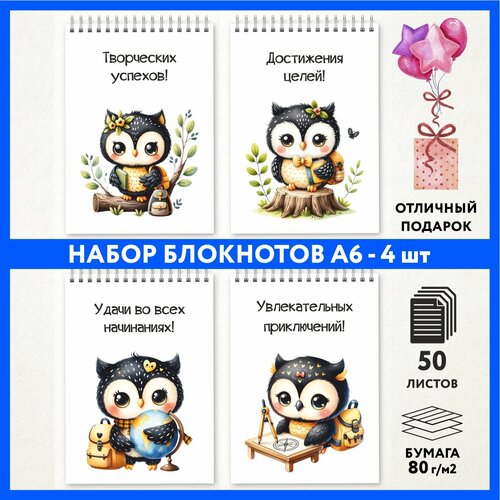Набор блокнотов А6 - 4 шт подарок выпускнику детского сада на 1 сентября и День Рождения Школьная сова 000 - 2 notepad_school_owls_000_A6_set_2 699₽
