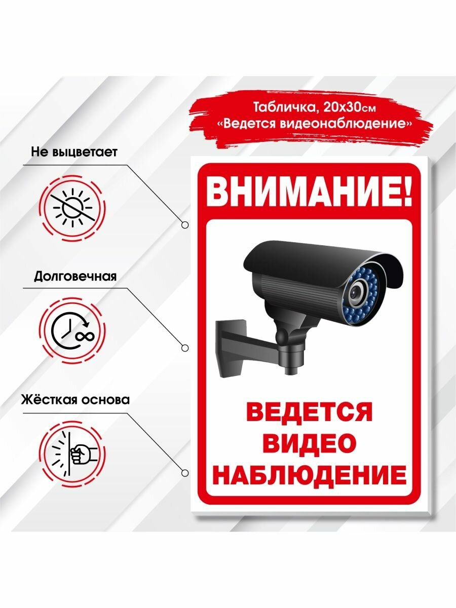 Информационная табличка "Внимание! Ведется видеонаблюдение" 200х300 мм. ПВХ. УФ печать.