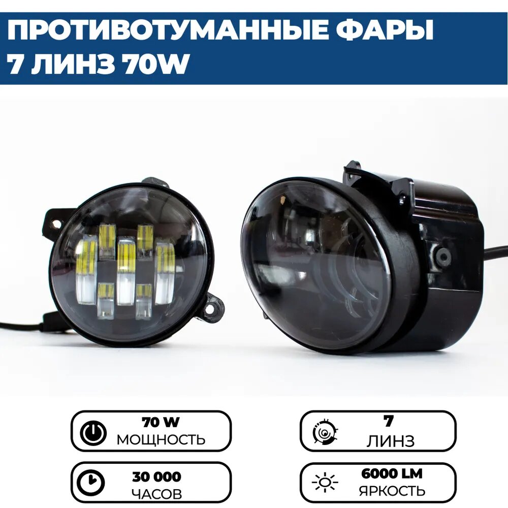 Противотуманные фары ПТФ светодиодные 7 линз 70W для Лада Гранта, Ларгус, Калина 2, Калина 1, Датсун, комплект 2 шт. — фото 1