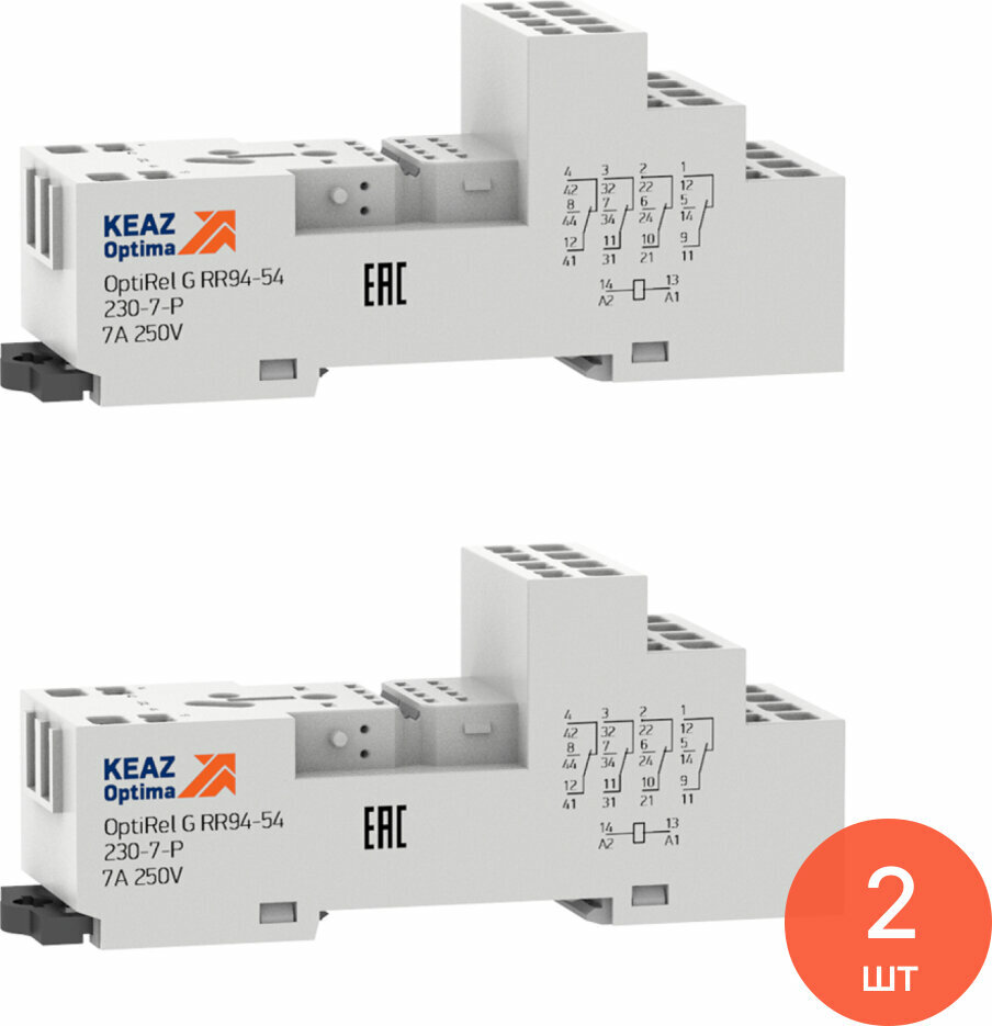 Розетка для реле КЭАЗ OptiRel G RR94-54-230-7-P с зажимами выводов, в пластиковом корпусе, серый, 7А, 230В, IP20 / электрика (комплект из 2 шт)
