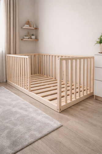 Изображение товара Кровать детская из массива напольная с вертикальными бортами Монтессори 70х120