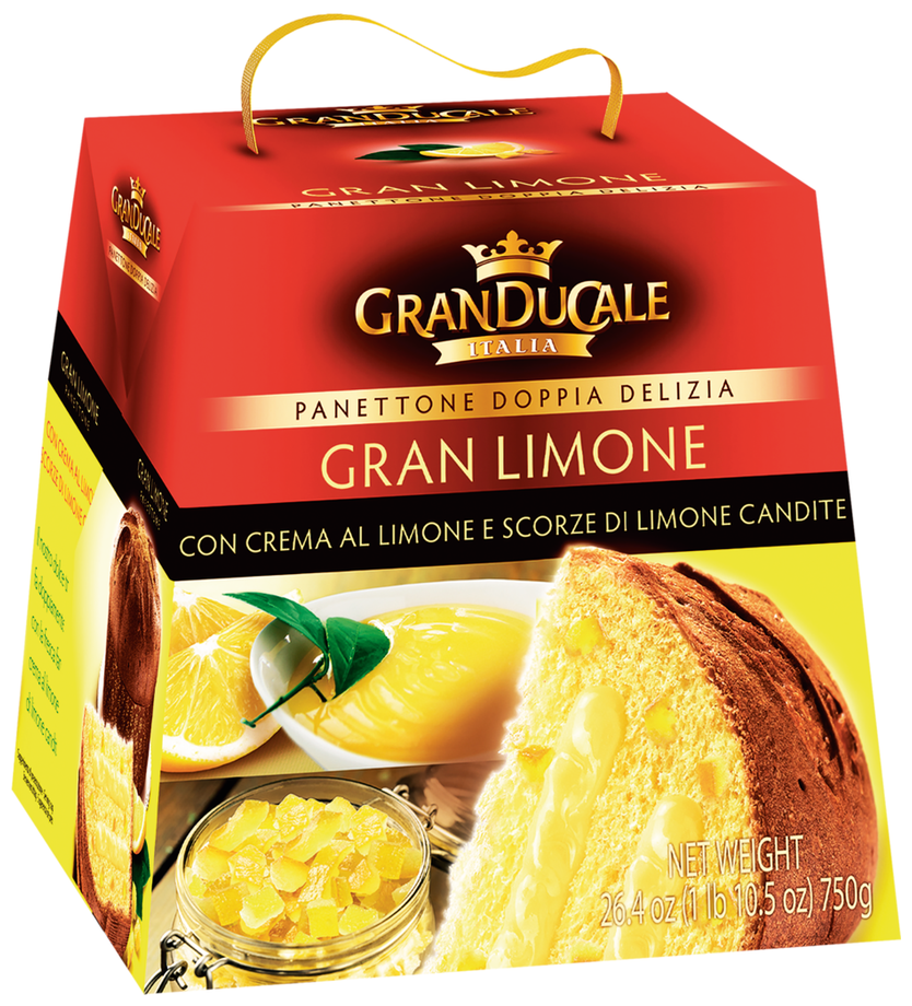 Кекс (кулич) GRANDUCALE Панеттоне с сахарными кусочками цедры лимона и лимонным кремом, 750г, Италия
