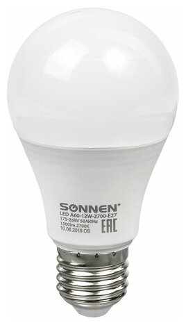 Лампа светодиодная SONNEN, 12 (100) Вт, цоколь Е27, груша, теплый белый свет, 30000 ч, LED A60-12W-2700-E27, 453697 - 10 шт.