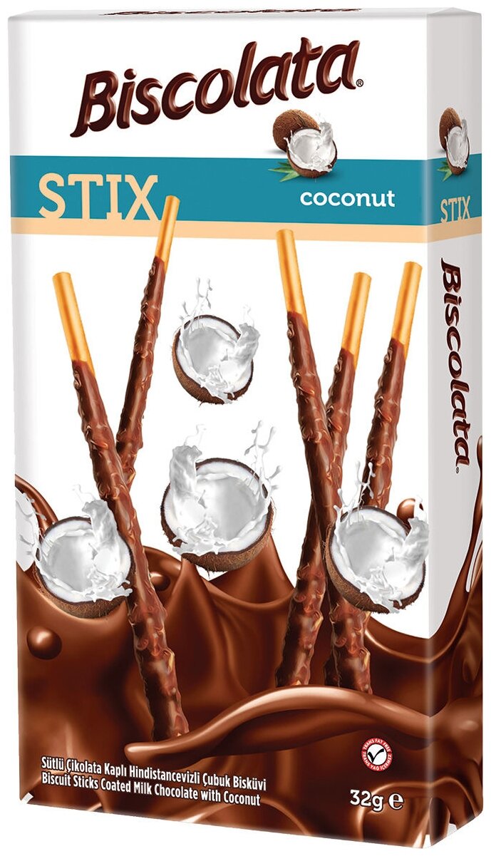 Бисквитные палочки Biscolata покрытые молочным шоколадом с кокосовой стружкой, 32 г