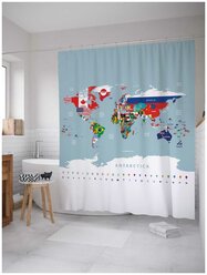 Штора (занавеска) для ванной JoyArty "Карта мира флагами" из сатена, 180х200 см с крючками