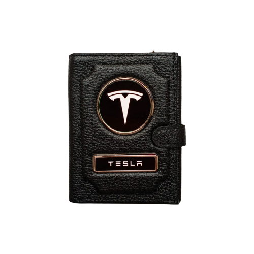 Обложка для автодокументов и паспорта Tesla (тесла) кожаная флотер 4 в 1