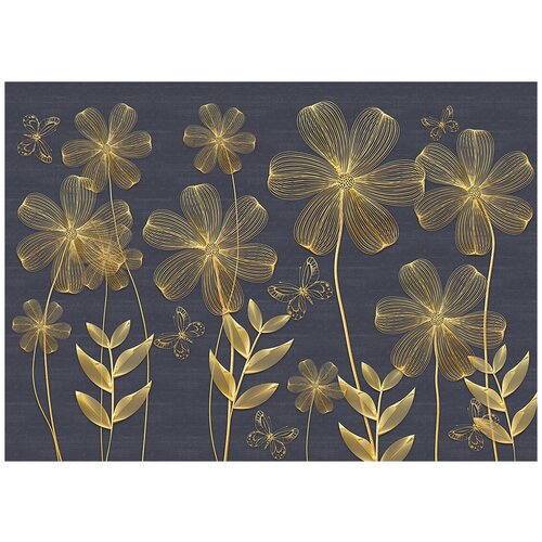 Золотые цветы на темном фоне - Виниловые фотообои, (211х150 см)