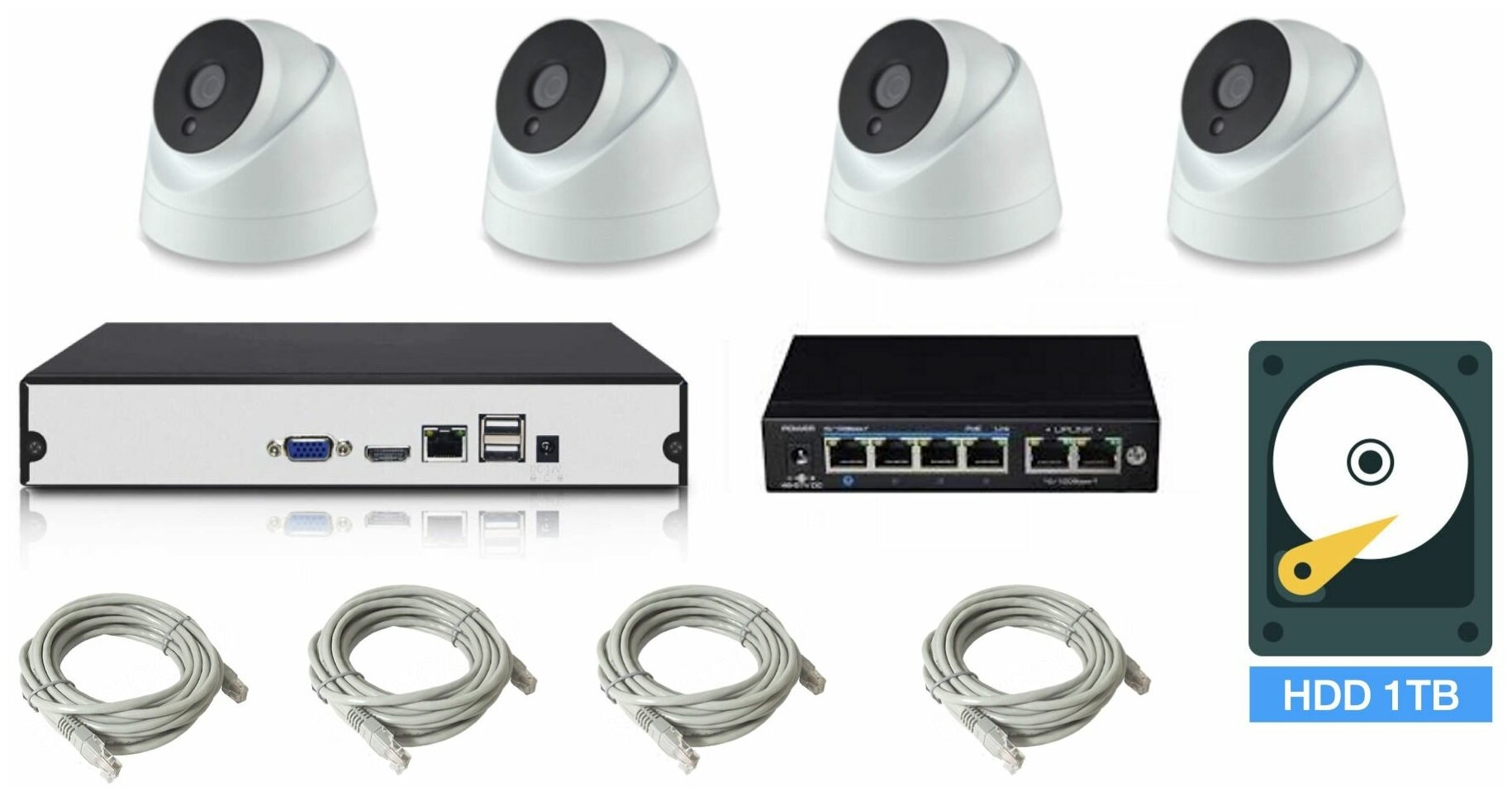 Полный IP POE комплект видеонаблюдения на 4 камеры (KIT4IPPOE04M5B_HDD1TB)