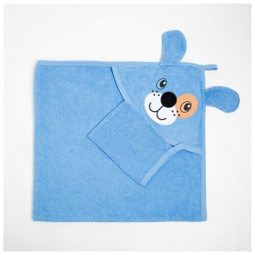 Набор для купания (полотенце уголок, рукавица) Собачка цв.Голубой 92х96см махра, хл100%