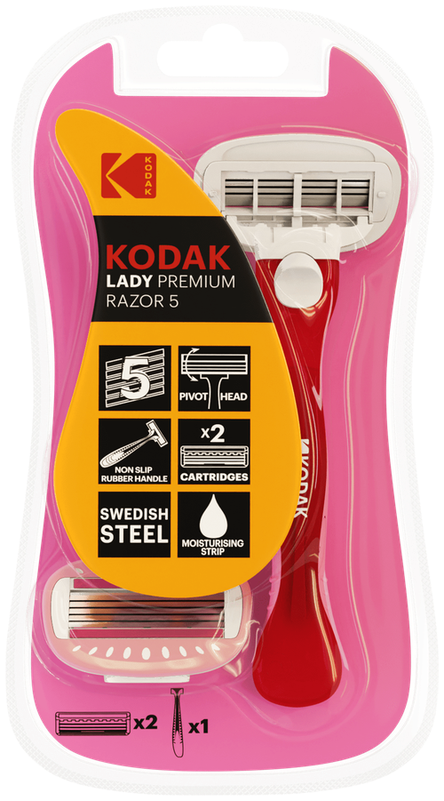 Бритвенная система Kodak LADY Prem Razor 5 женская 5 лезвий розовая 2 сменных кассеты, 1шт