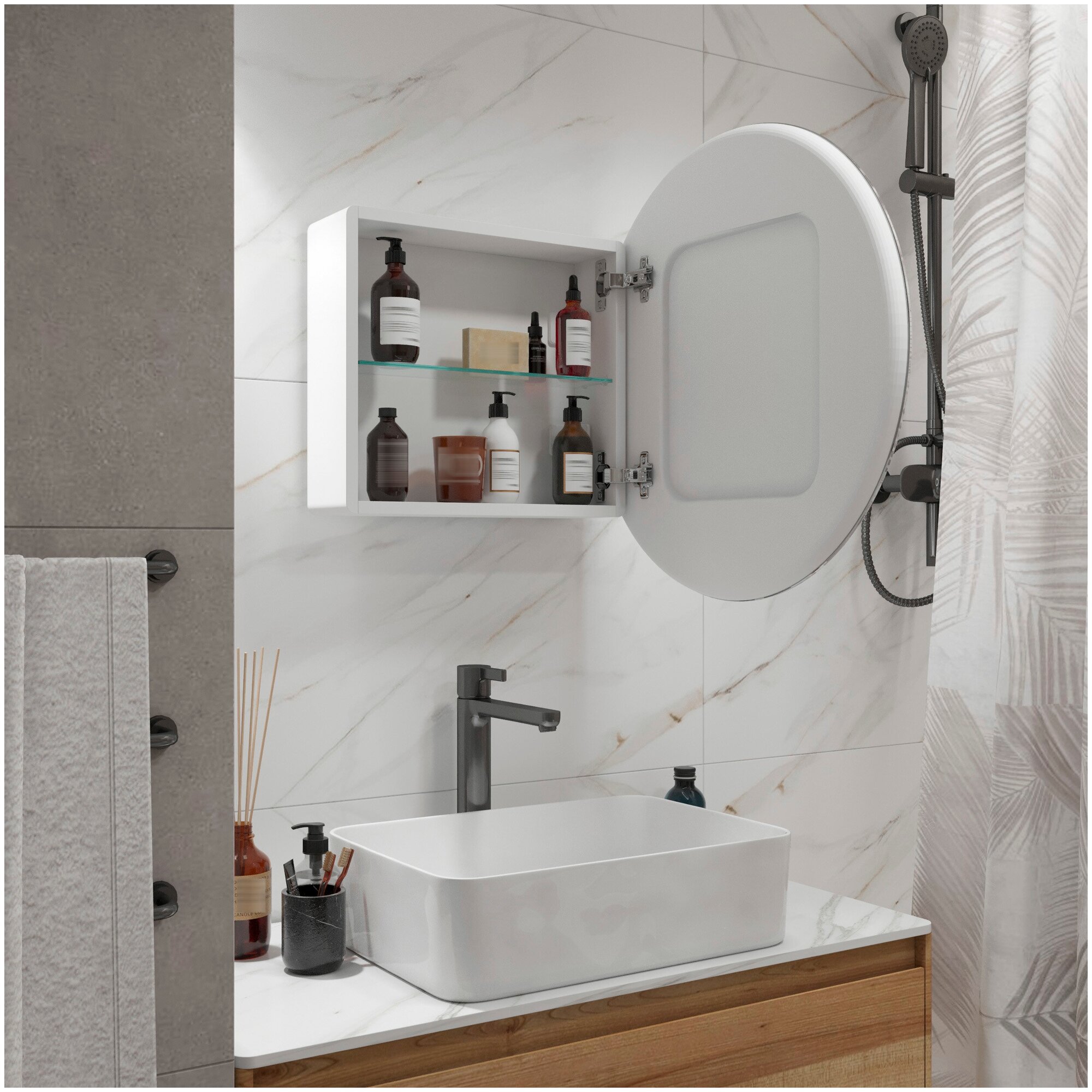 Зеркало-шкаф для ванной круглый , белый "Tondo Box White LED" D700 70x70 c лицевой LED подсветкой, сенсором с диммером - фотография № 2