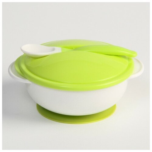 фото Набор для кормления: миска на присоске с крышкой, ложка, цвет белый/зеленый noname