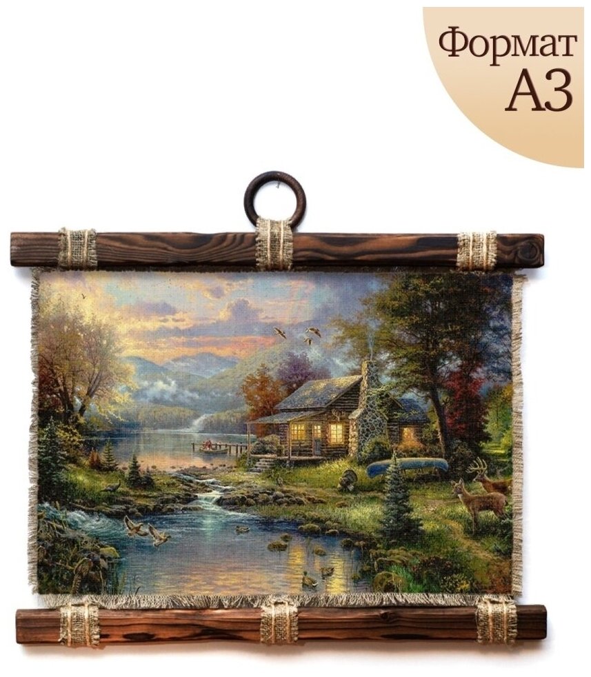 фото Панно Универсальный свиток / Дом в лесу, олени, А3 / Декор для стен / Картина на холсте / Подарок мужчине