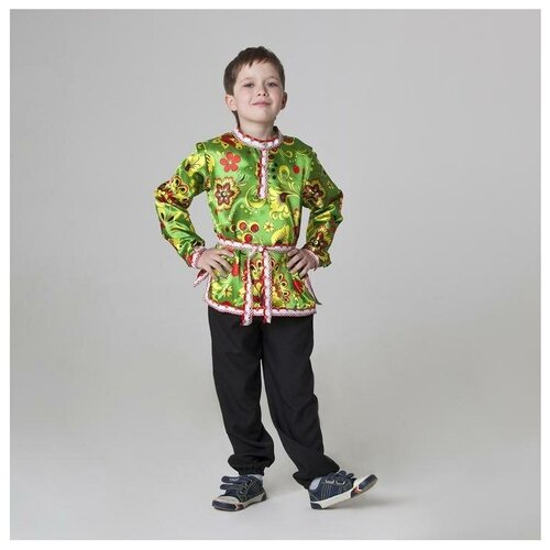 Карнавальная русская рубаха «Хохлома», атлас, р. 30, рост 110-116 см, цвет зелёный карнавальный костюм сималенд косоворотка хохлома с поясом детская